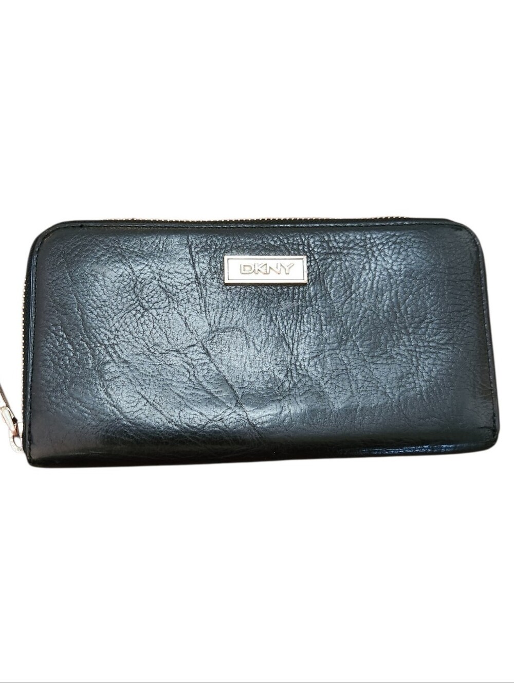 DKNY Black Leather Zip Wallet with Silver Logo Preloved